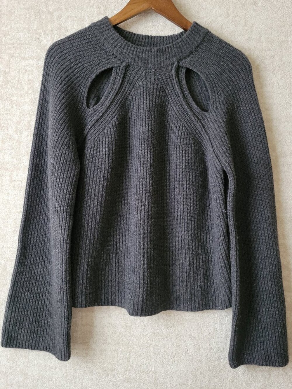 Massimo Dutti Ribbed Cutout Knit Sweater Med Grey Italian Wool Cashmere Blend